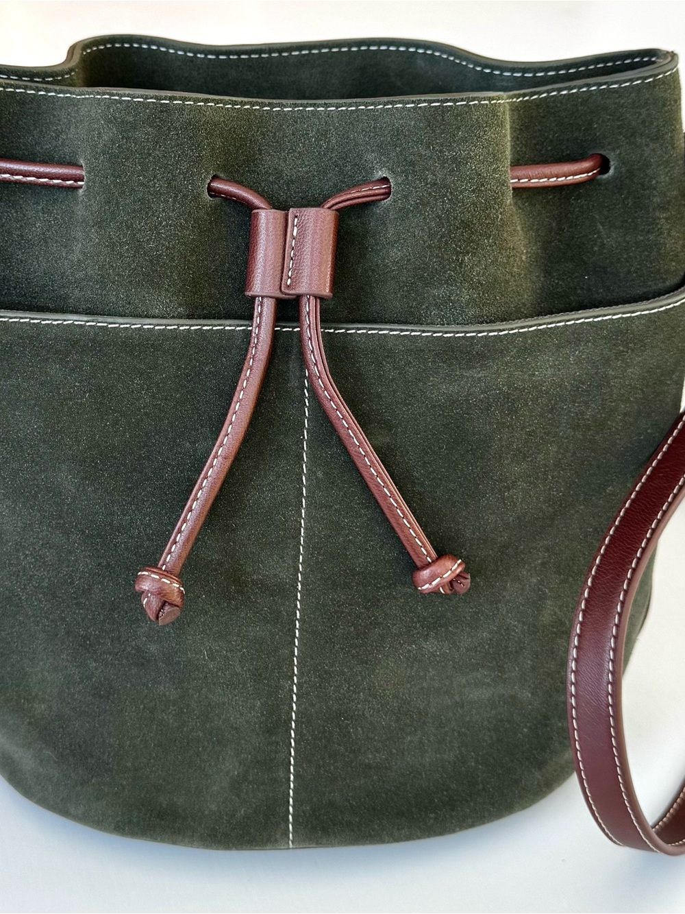 J. McLaughlin Olive Suede Bucket Bag Crossbody Leather Drawstring Purse
